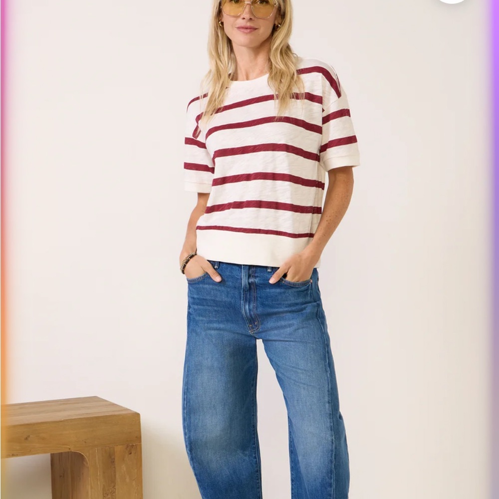 Evereve Burgundy and White Striped Boyfriend Top